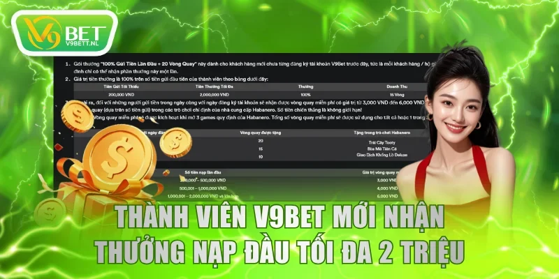 Thành viên V9BET mới nhận thưởng nạp đầu tối đa 2 triệu